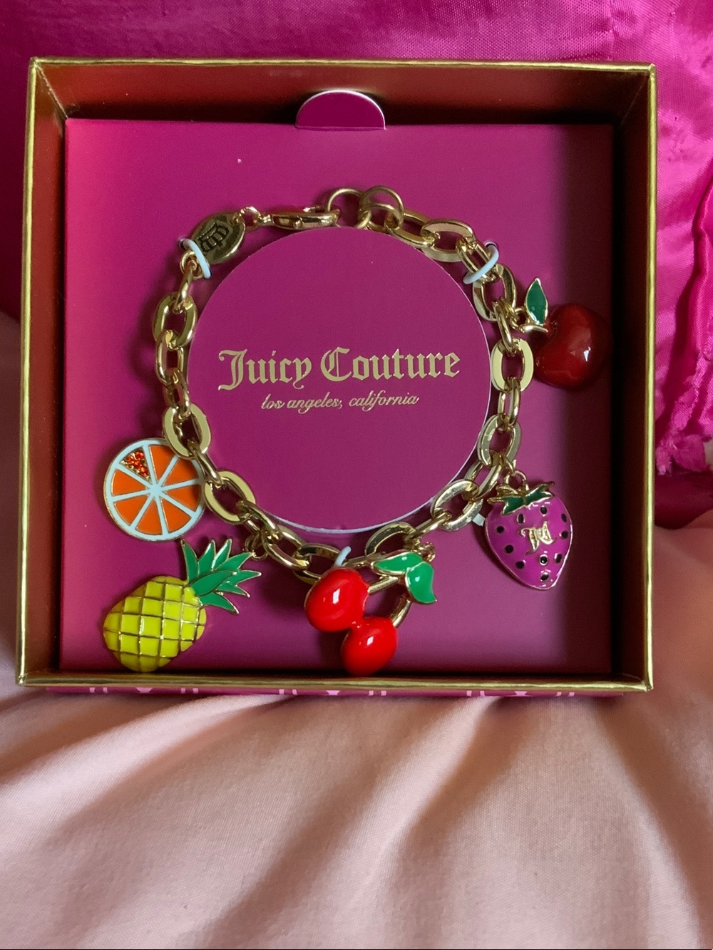 Juicy Couture Gold Fruit Charm Bracelet - Pink & Red Enamel